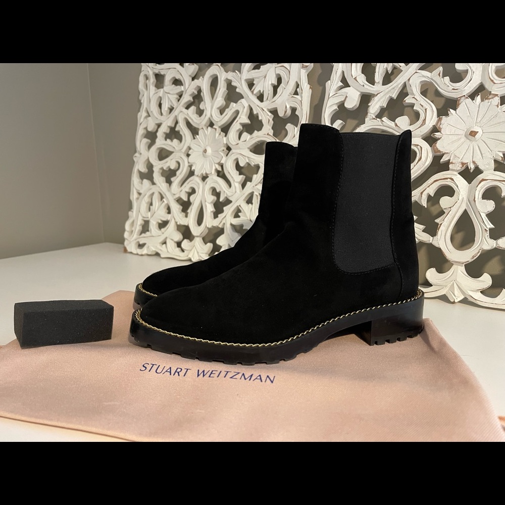 Stuart Weitzman Kolbie Chelsea Boots in Black Suede with Chain Detail